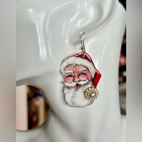 Handpainted Santa Claus Christmas Holiday earrings lightweight OOAK - Picture 5 of 5